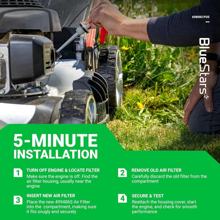 Instructional graphic showing 5-minute installation steps for 698083 air filter on a riding lawn mower engine.