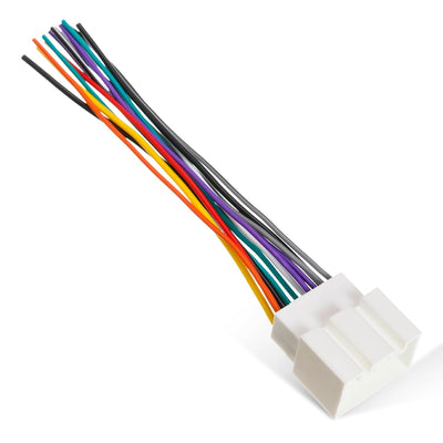 Car radio wiring harness connector with multi-colored wires for Ford and Mercury vehicles.