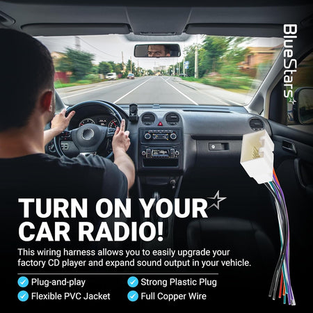 Car radio wiring harness connector for Ford and Mercury vehicles shown in an interior car dashboard lifestyle graphic.