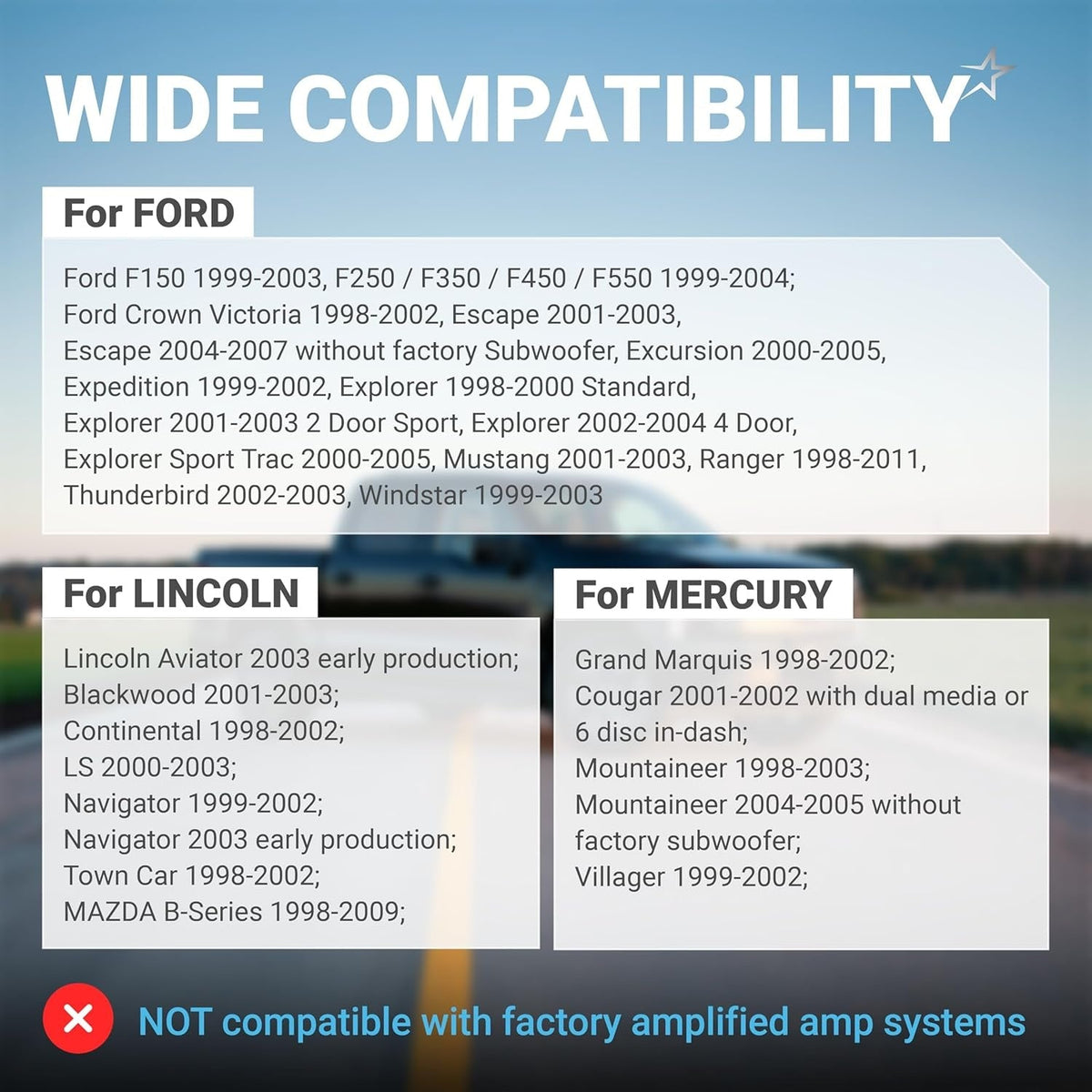 Compatibility chart for car radio wiring harness connector for Ford, Lincoln, Mercury, and Mazda vehicles.
