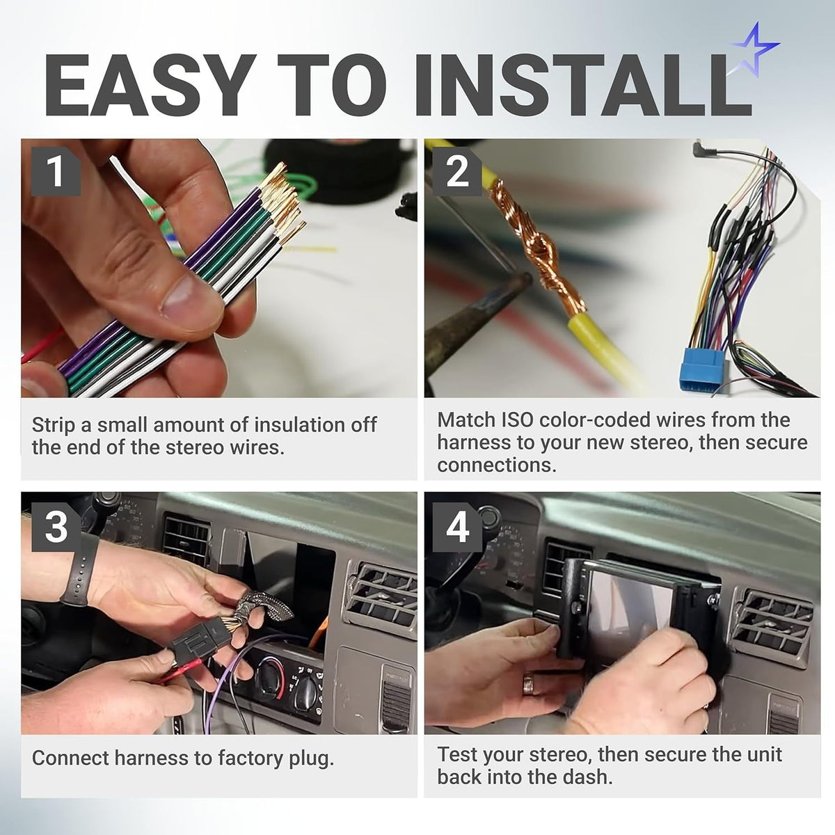 Four-step installation guide for car radio wiring harness connector for Ford and Mercury vehicles.