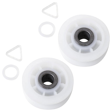 Two dryer idler pulleys with washers and triangular clips for Whirlpool and Kenmore dryers.