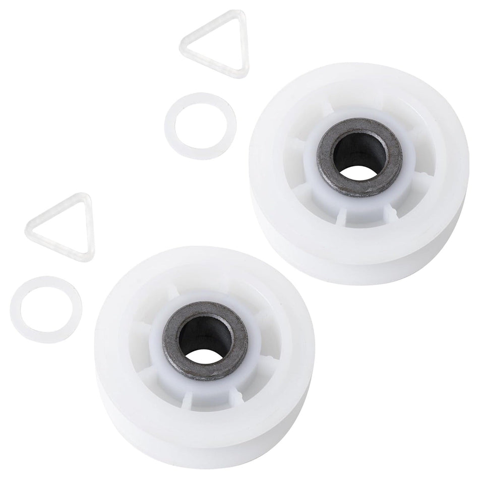 Two dryer idler pulleys with washers and triangular clips for Whirlpool and Kenmore dryers.