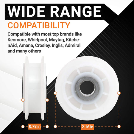 Dryer idler pulley replacement showing side and front dimensions for Whirlpool and Kenmore compatibility.