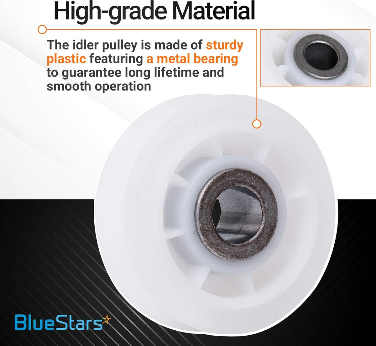 Close-up of 279640 dryer idler pulley showing durable plastic construction and metal bearing detail.