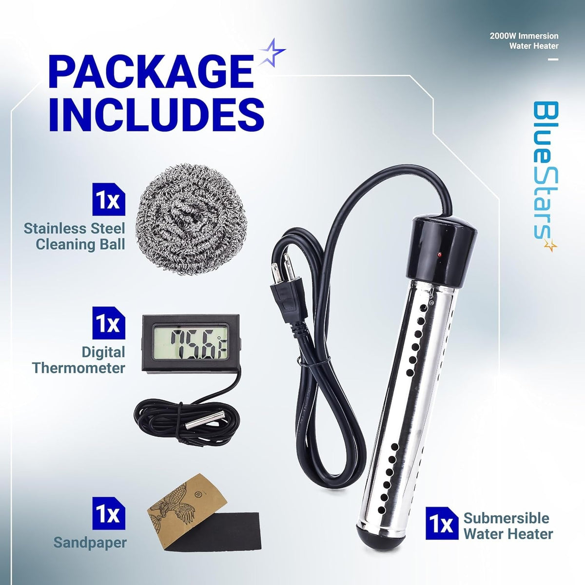 2000W immersion water heater kit including digital thermometer, stainless steel cleaning ball, and sandpaper.