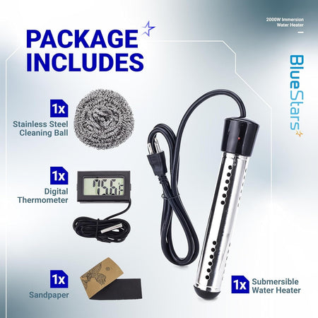 2000W immersion water heater kit including digital thermometer, stainless steel cleaning ball, and sandpaper.