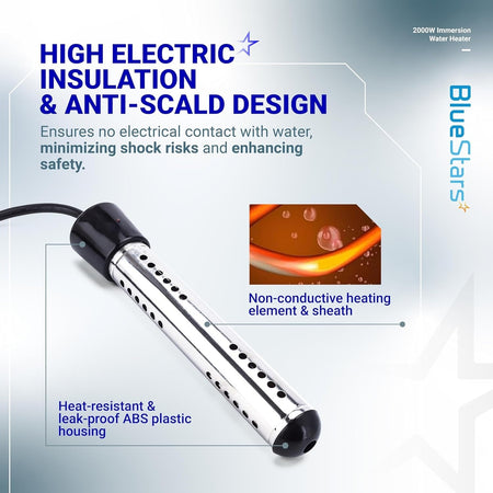2000W immersion water heater showing anti-scald design, non-conductive heating element, and heat-resistant ABS housing.