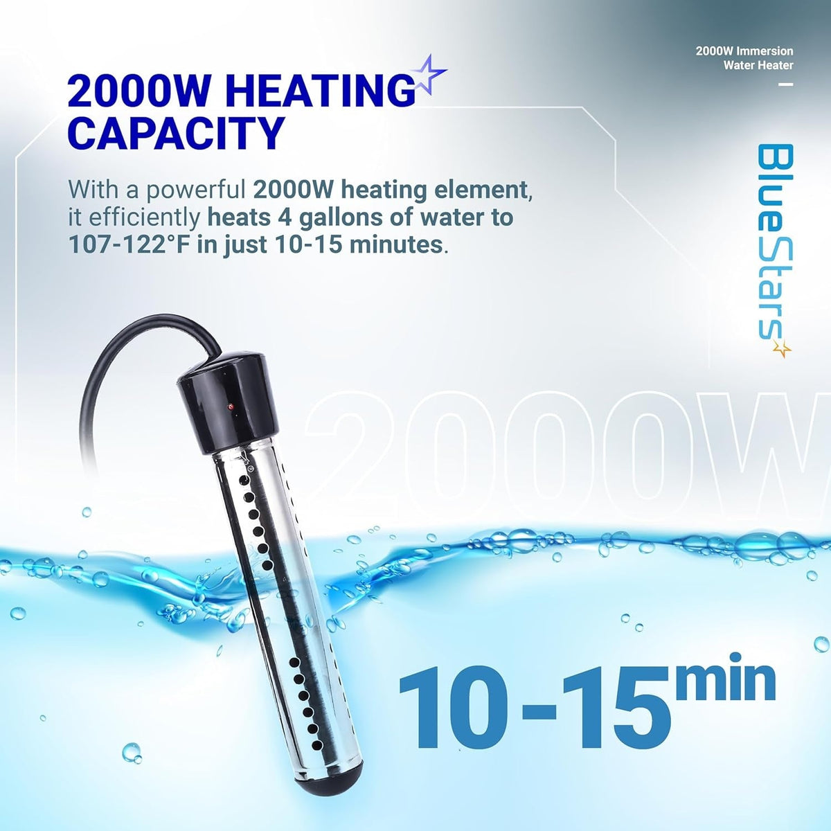 2000W immersion water heater showing heating capacity and performance specifications in water.