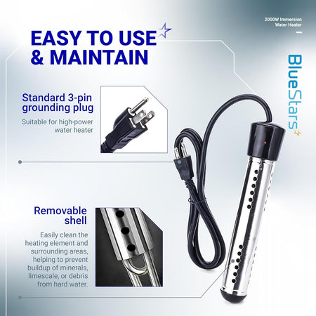 Infographic showing 2000W immersion water heater features including 3-pin grounding plug and removable protective shell.