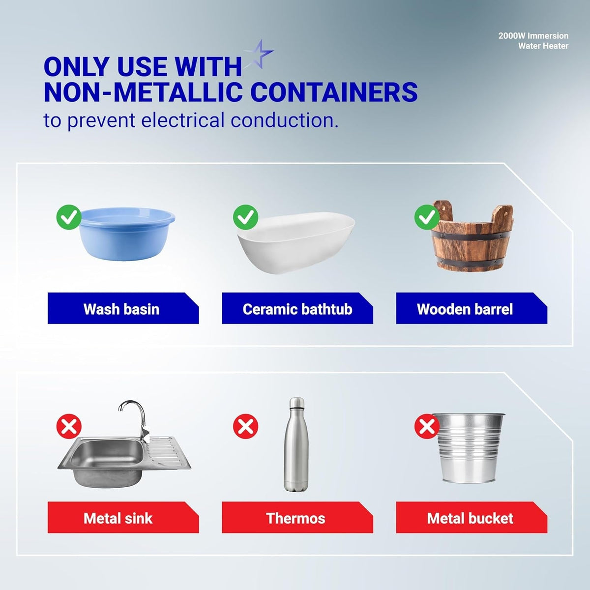 Safety guide for 2000W immersion water heater showing compatible non-metallic containers versus prohibited metal ones.