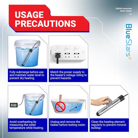 Usage precautions infographic for 2000W immersion water heater showing safety tips and maintenance instructions.