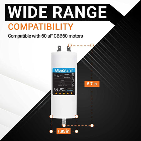 120 uF CBB60 run capacitor showing 5.7 inch height and 1.85 inch diameter dimensions for motor compatibility.