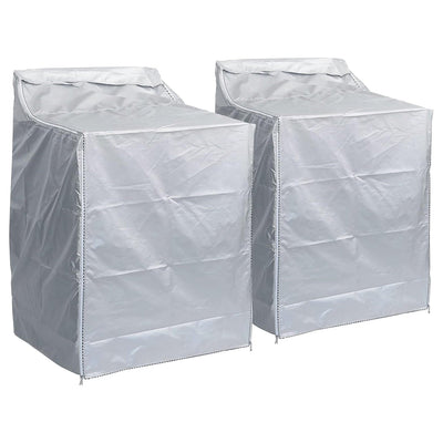 Set of two silver waterproof outdoor covers for top-load and front-load washers and dryers.