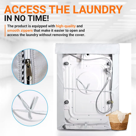 Silver washer and dryer cover showing back view with tie-down straps and close-up of zipper access.