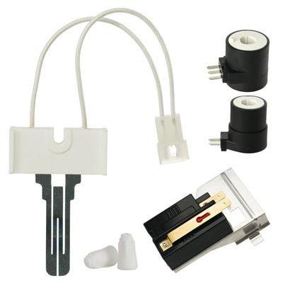 Dryer repair kit with igniter, two gas valve solenoid coils, and flame sensor for Whirlpool and Kenmore dryers.