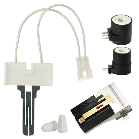 Dryer repair kit with igniter, two gas valve solenoid coils, and flame sensor for Whirlpool and Kenmore dryers.