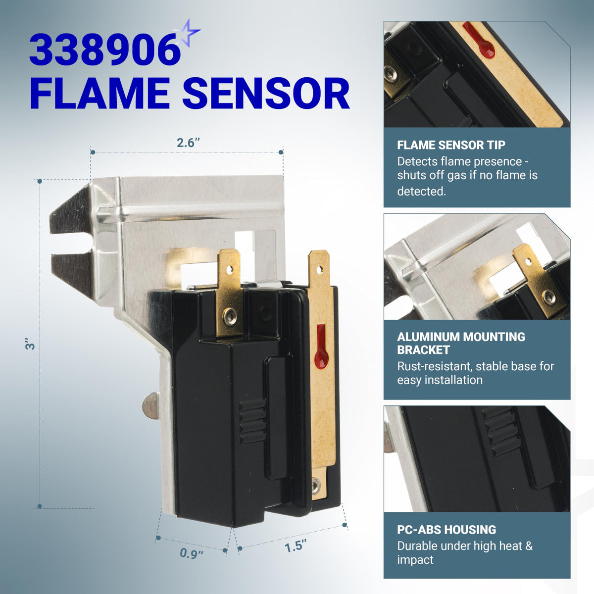 338906 gas dryer flame sensor with aluminum mounting bracket and dimensions for Whirlpool, Kenmore, and Maytag dryers.