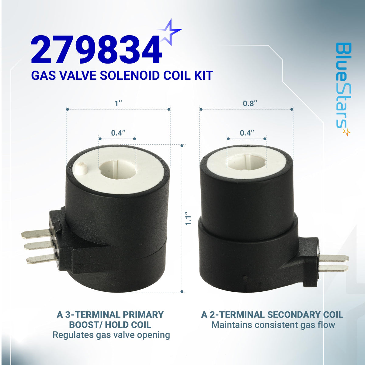 279834 gas dryer valve solenoid coil kit with 3-terminal primary and 2-terminal secondary coils showing dimensions.