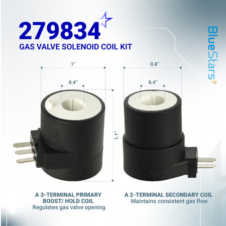 279834 gas dryer valve solenoid coil kit with 3-terminal primary and 2-terminal secondary coils showing dimensions.