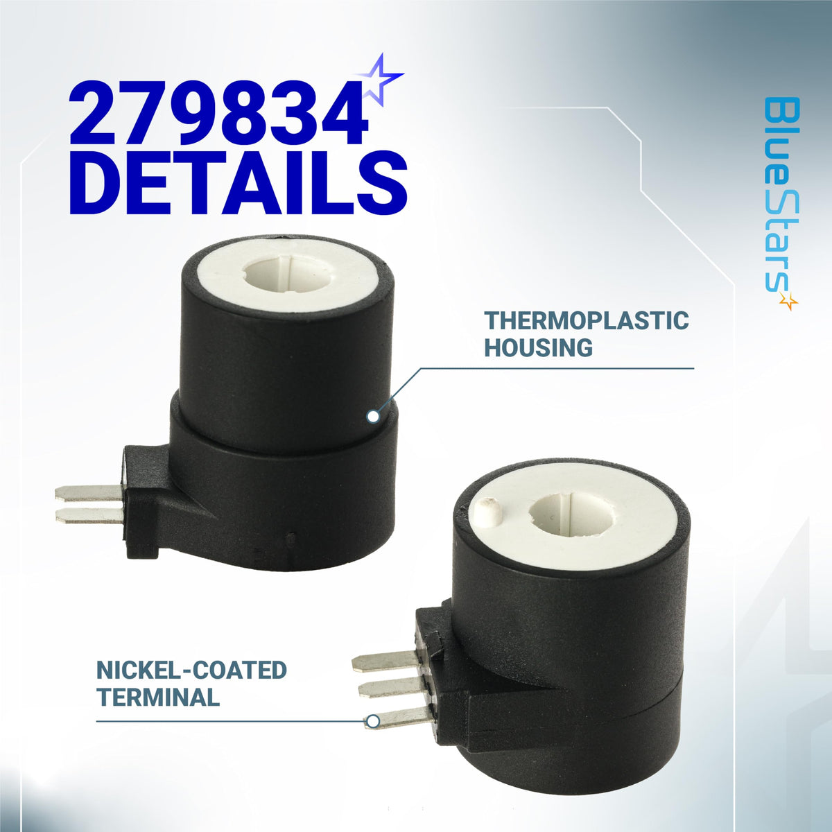 279834 gas dryer valve solenoid coils with thermoplastic housing and nickel-coated terminals for Whirlpool dryers.