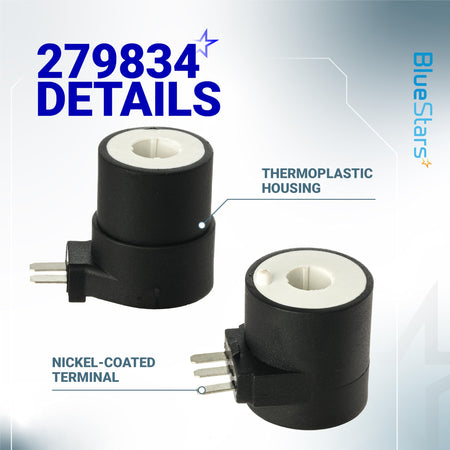 279834 gas dryer valve solenoid coils with thermoplastic housing and nickel-coated terminals for Whirlpool dryers.