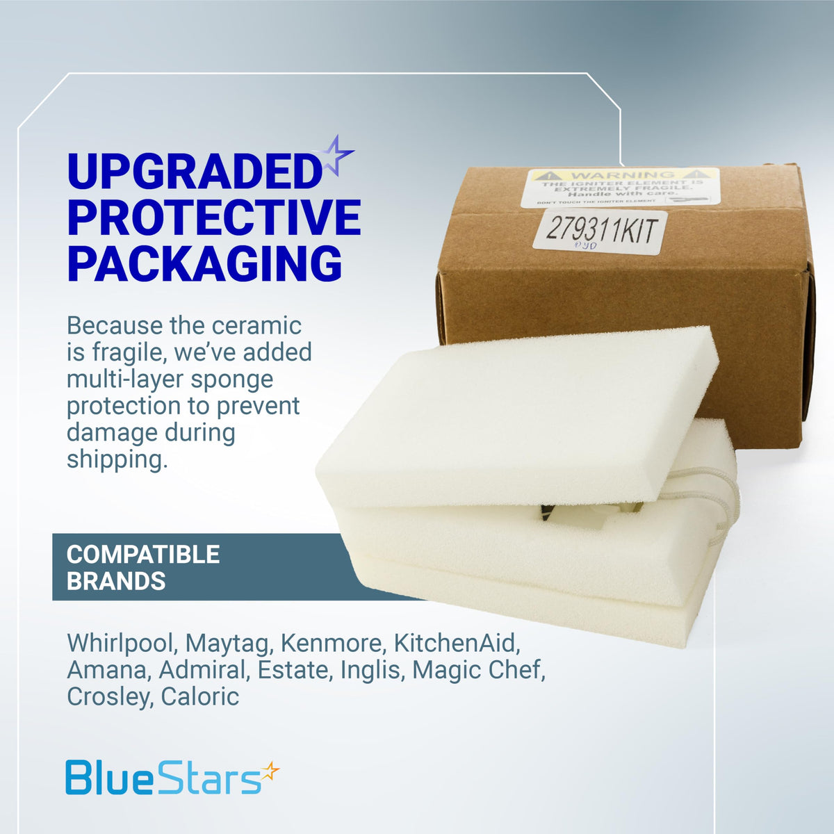 Protective foam packaging and shipping box for Whirlpool and Kenmore dryer igniter kit 279311KIT.