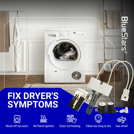 Dryer repair kit with flame sensor, igniter, and gas valve coils for Whirlpool, Kenmore, and Maytag dryers.