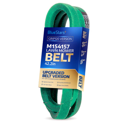 M154157 green traction drive V-belt for John Deere mowers in BlueStars branded packaging.