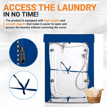 Blue top-load washing machine cover featuring a close-up of the smooth zipper and secure tie-back straps.