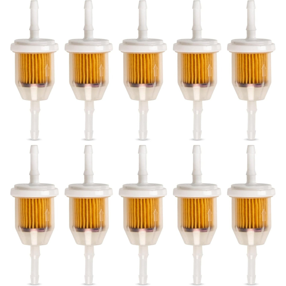 Pack of 10 AM116304 fuel filters for 1/4 inch and 5/16 inch fuel lines, compatible with Kohler and John Deere engines.