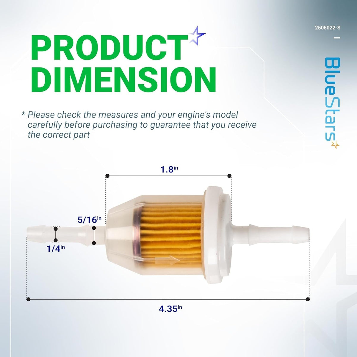 Dimensional diagram of AM116304 fuel filter showing 1.8-inch body length and 4.35-inch total length.