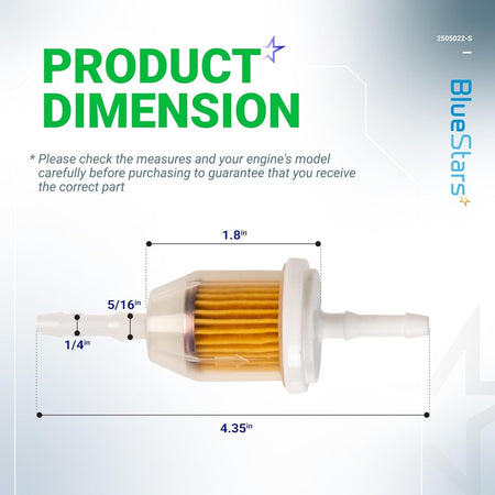 Dimensional diagram of AM116304 fuel filter showing 1.8-inch body length and 4.35-inch total length.