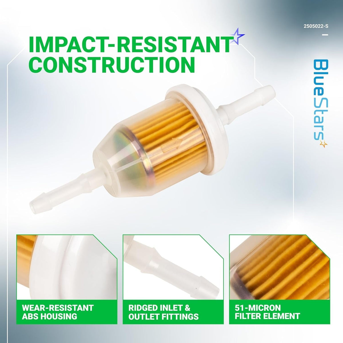 AM116304 fuel filter with impact-resistant ABS housing, ridged fittings, and 51-micron filter element.