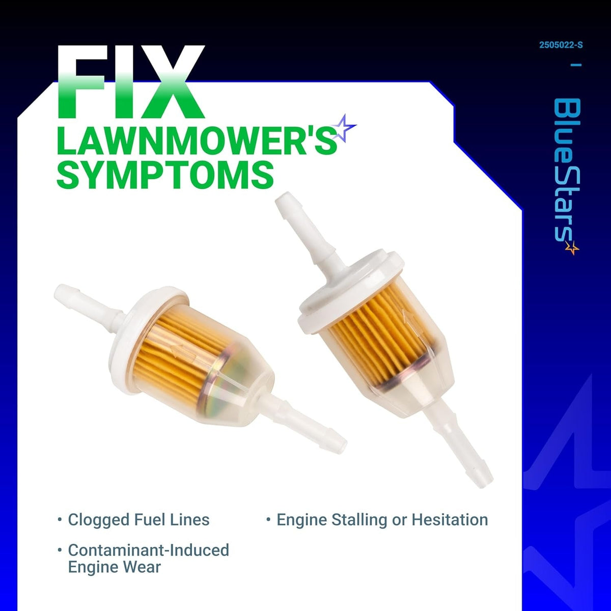 Two AM116304 fuel filters for lawnmowers, compatible with 1/4 inch and 5/16 inch fuel lines.