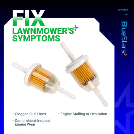 Two AM116304 fuel filters for lawnmowers, compatible with 1/4 inch and 5/16 inch fuel lines.