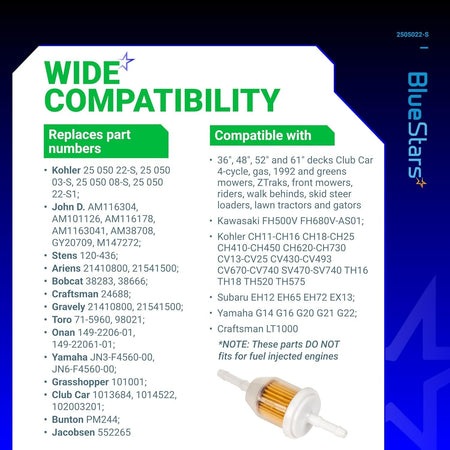 Compatibility chart for AM116304 and 25 050 22-S fuel filter showing replacement part numbers and engine fitment.