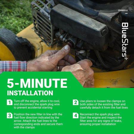 Instructional graphic showing 5-minute installation steps for AM116304 fuel filter on a lawn mower engine.