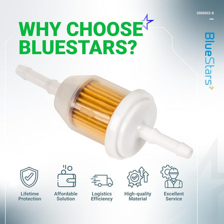 Single AM116304 fuel filter replacement for Kohler and John Deere engines with BlueStars branding and service icons.