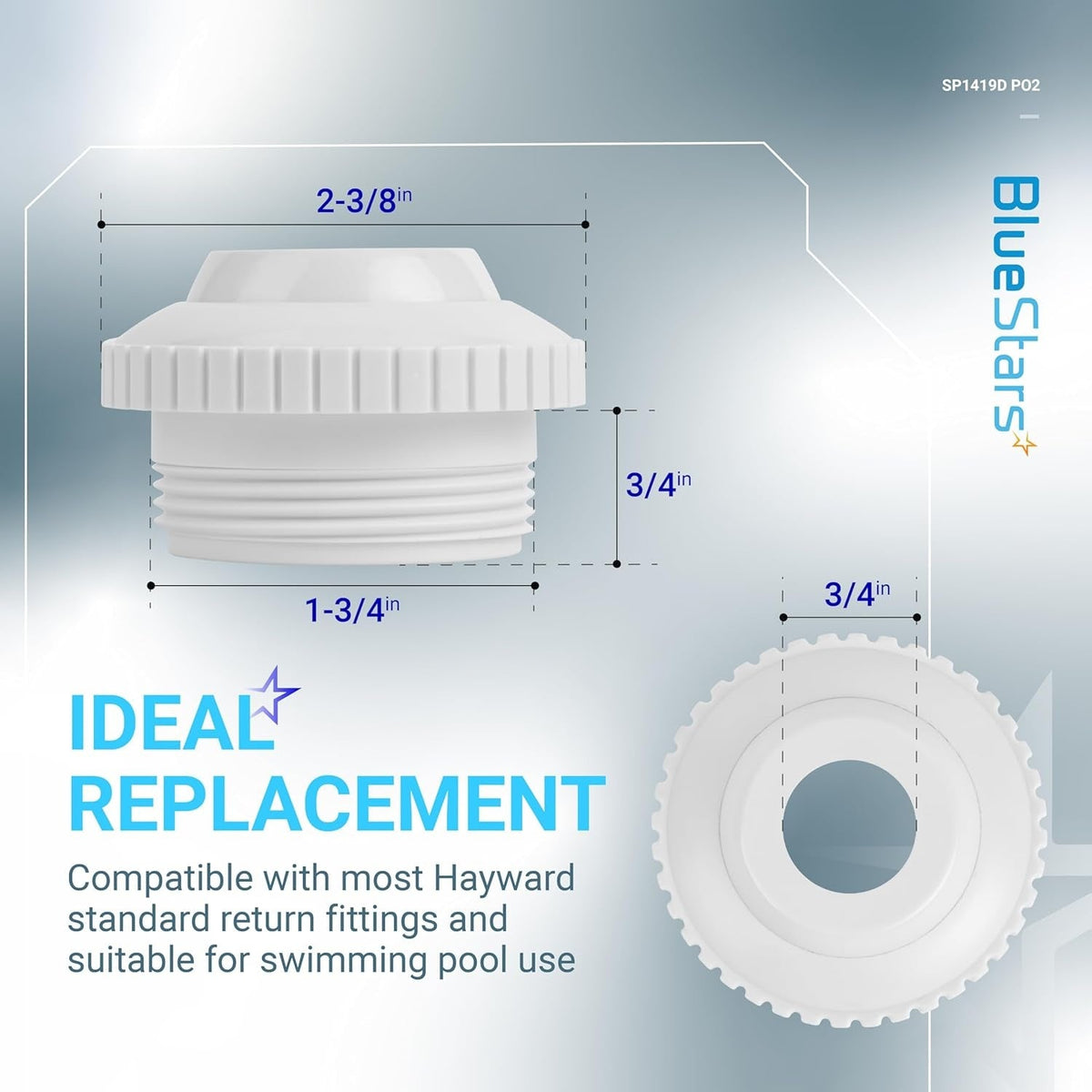 Dimensional diagram of SP1419D directional flow pool return jet nozzle with 3/4 inch opening and threaded base.