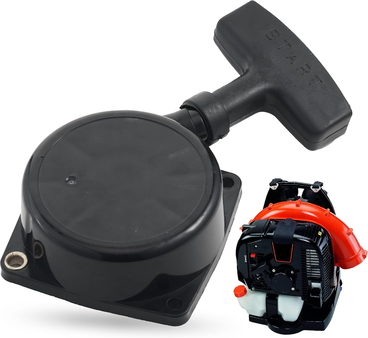 A051000841 recoil starter assembly for Echo backpack blowers with pull handle and compatible blower unit.