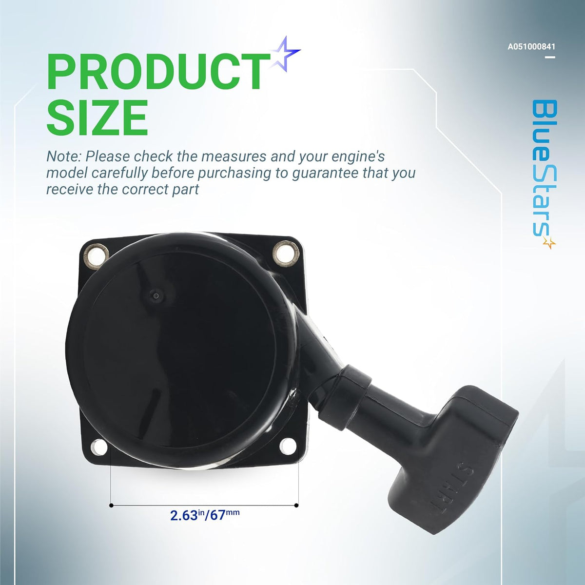 A051000841 recoil starter assembly for Echo backpack blowers showing product dimensions of 2.63 inches or 67mm.