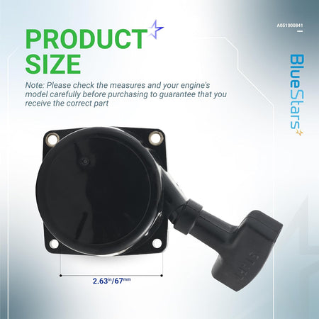A051000841 recoil starter assembly for Echo backpack blowers showing product dimensions of 2.63 inches or 67mm.