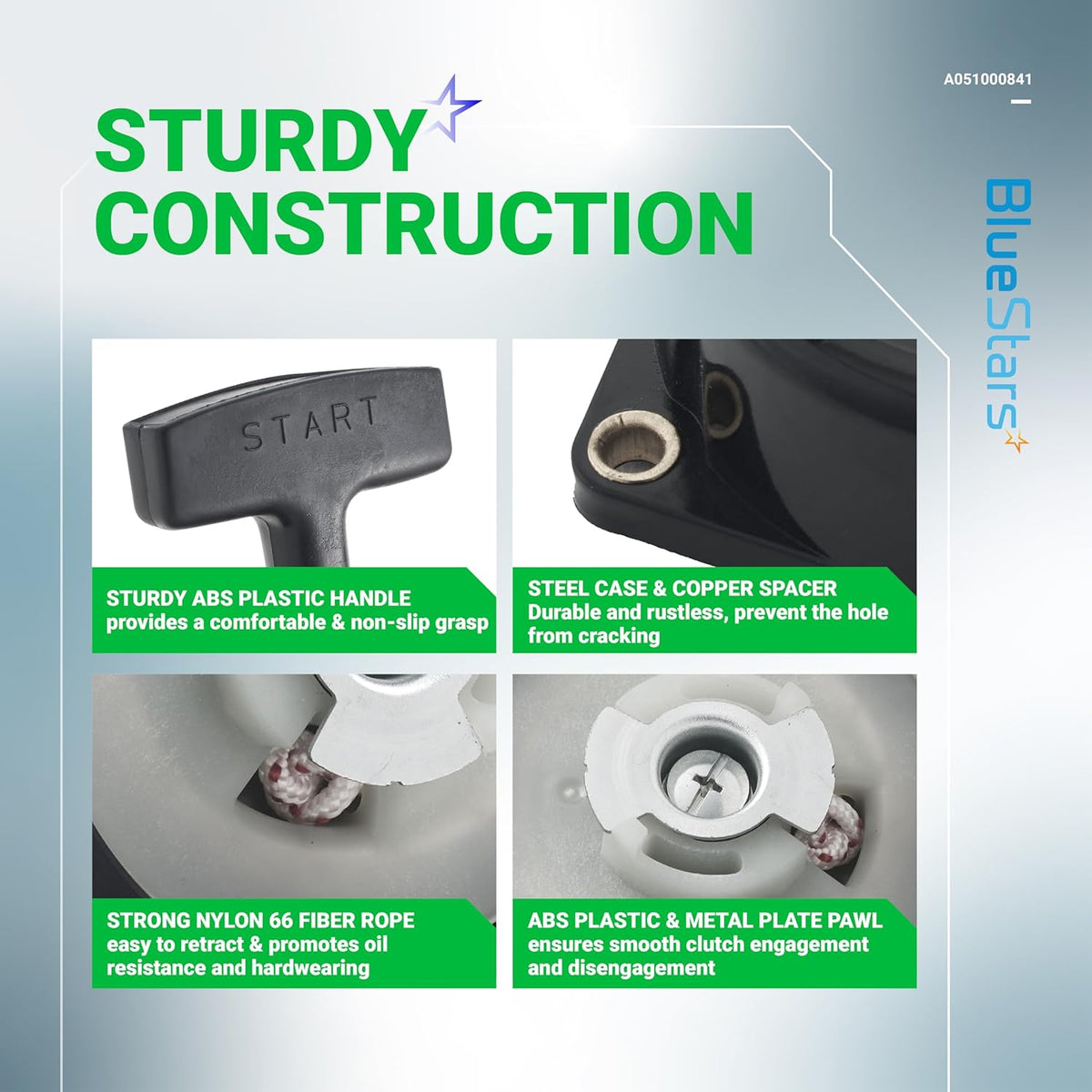 Infographic showing construction details of A051000841 recoil starter assembly for Echo backpack blowers.