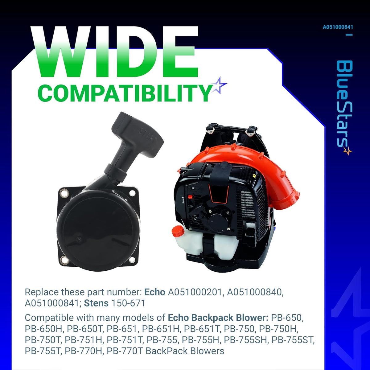 A051000841 recoil starter assembly shown next to a compatible Echo backpack blower.
