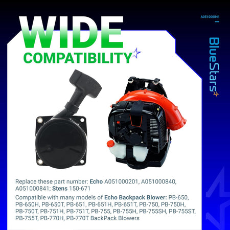 A051000841 recoil starter assembly shown next to a compatible Echo backpack blower.