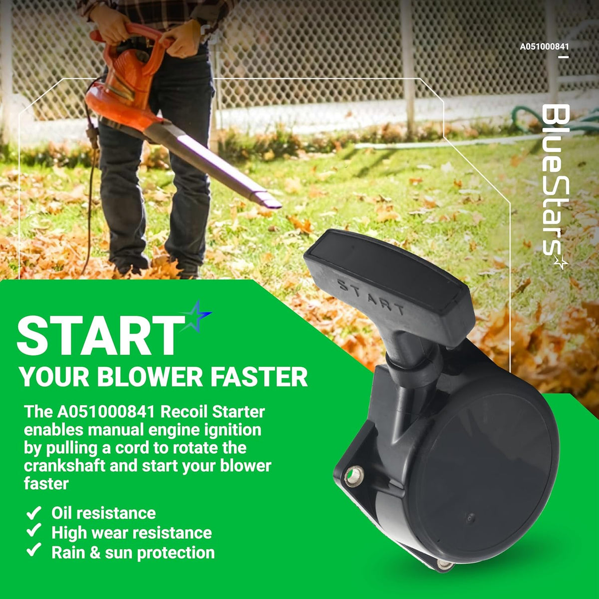 A051000841 recoil starter assembly for Echo backpack blowers shown in a promotional product graphic.