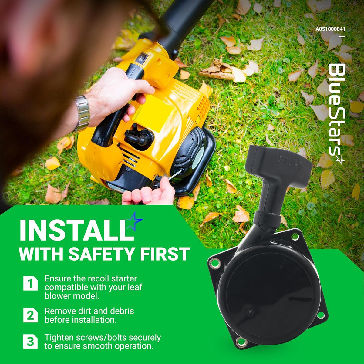 A051000841 recoil starter assembly for Echo backpack blowers with installation safety instructions graphic.