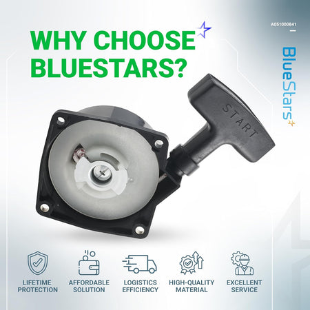 A051000841 recoil starter assembly for Echo backpack blowers with promotional text and icons.