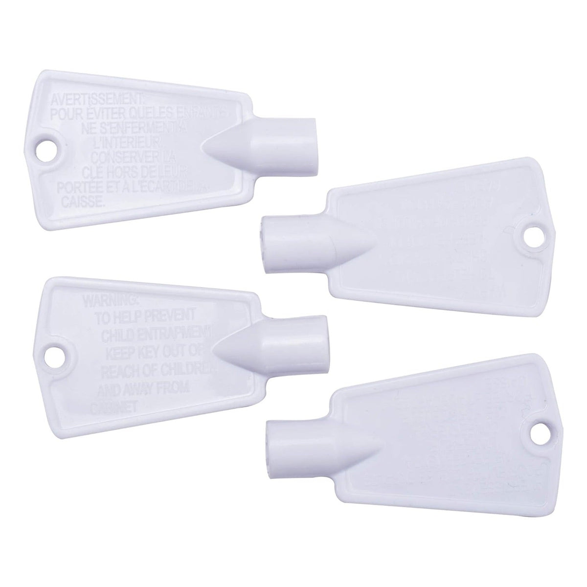Set of four white replacement freezer door keys for Frigidaire, Kenmore, and Electrolux freezers.